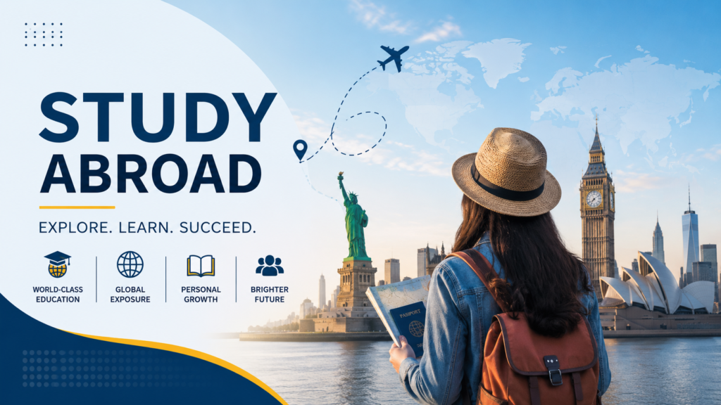 Diverse university students with books, a passport, graduation cap, globe and world map representing international study abroad opportunities.