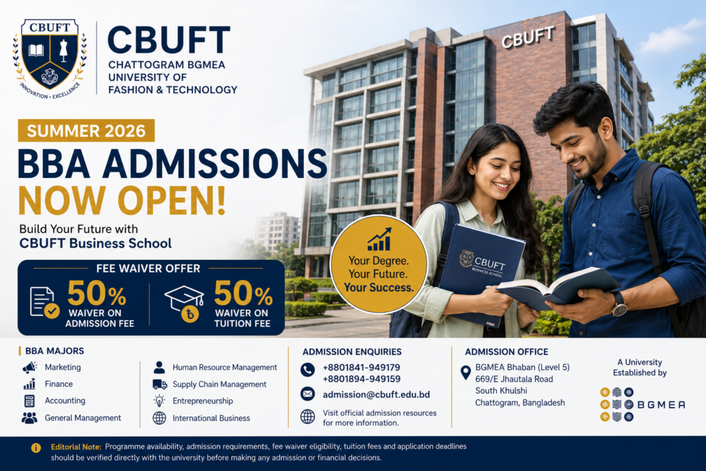 CBUFT Summer 2026 BBA admissions with 50% admission and tuition fee waiver offer