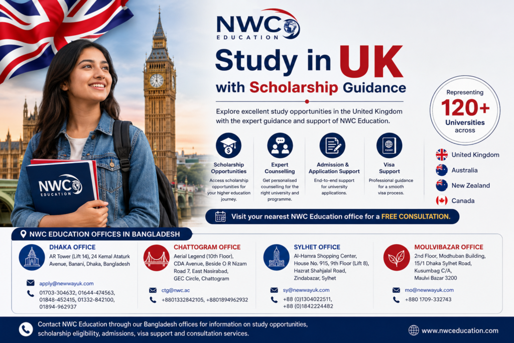 Student exploring UK study opportunities through NWC Education with scholarship guidance and international education support.