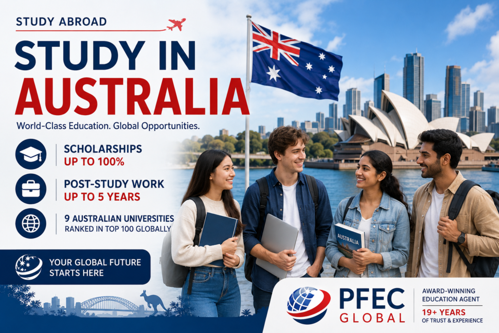 Students with books in front of the Sydney Opera House and the Australian flag representing study opportunities in Australia featured in a PFEC Global editorial article.