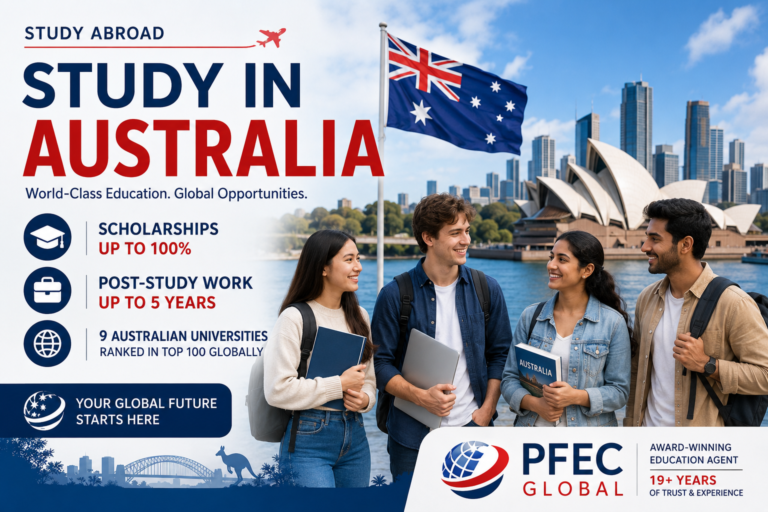Students with books in front of the Sydney Opera House and the Australian flag representing study opportunities in Australia featured in a PFEC Global editorial article.