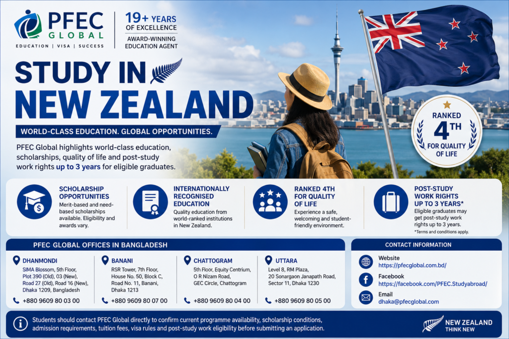 Student overlooking the Auckland skyline in New Zealand, illustrating PFEC Global's announcement about study opportunities, scholarships and post-study work rights.