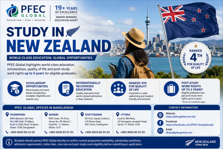 Student overlooking the Auckland skyline in New Zealand, illustrating PFEC Global's announcement about study opportunities, scholarships and post-study work rights.