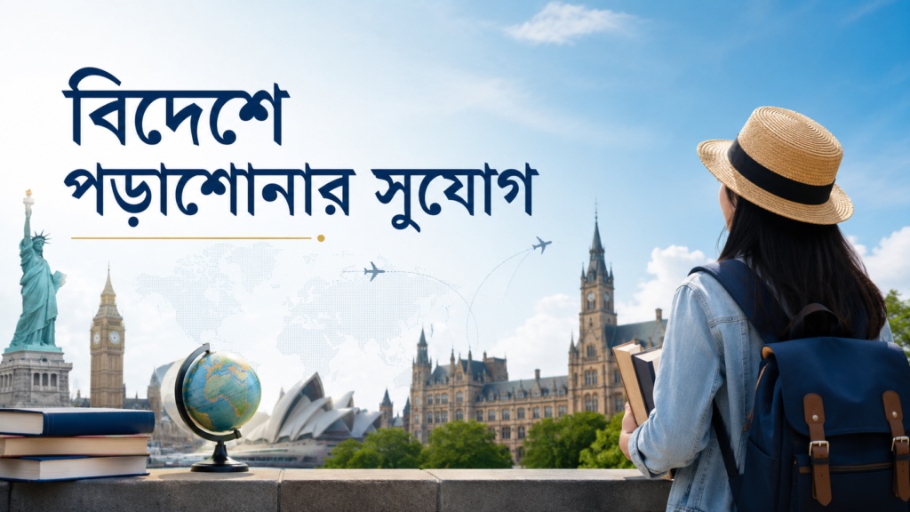 বিদেশে পড়াশোনার প্রতীকী চিত্রে আন্তর্জাতিক শিক্ষার্থী, বিশ্বখ্যাত স্থাপনা এবং বৈশ্বিক শিক্ষা পরিবেশ।